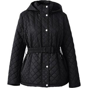 Women Black Belted Short Quilted Puffer Jacket Long Sleeve Coat Zip Up Pockets